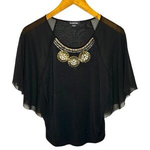 Bebe Black Chiffon Top with Gold & Silver Accents